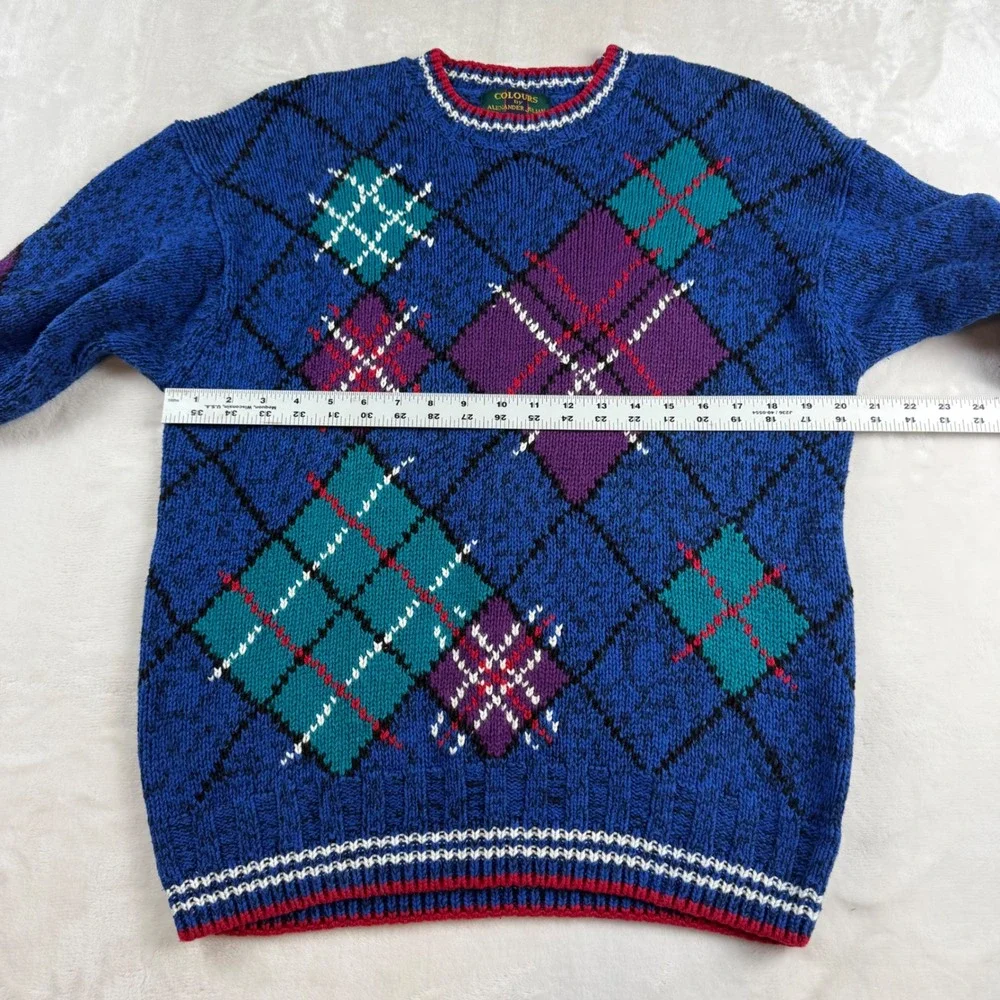 Vintage Colours by Alexander Julian Sweater Mens L Blue Argyle Linen Cotton